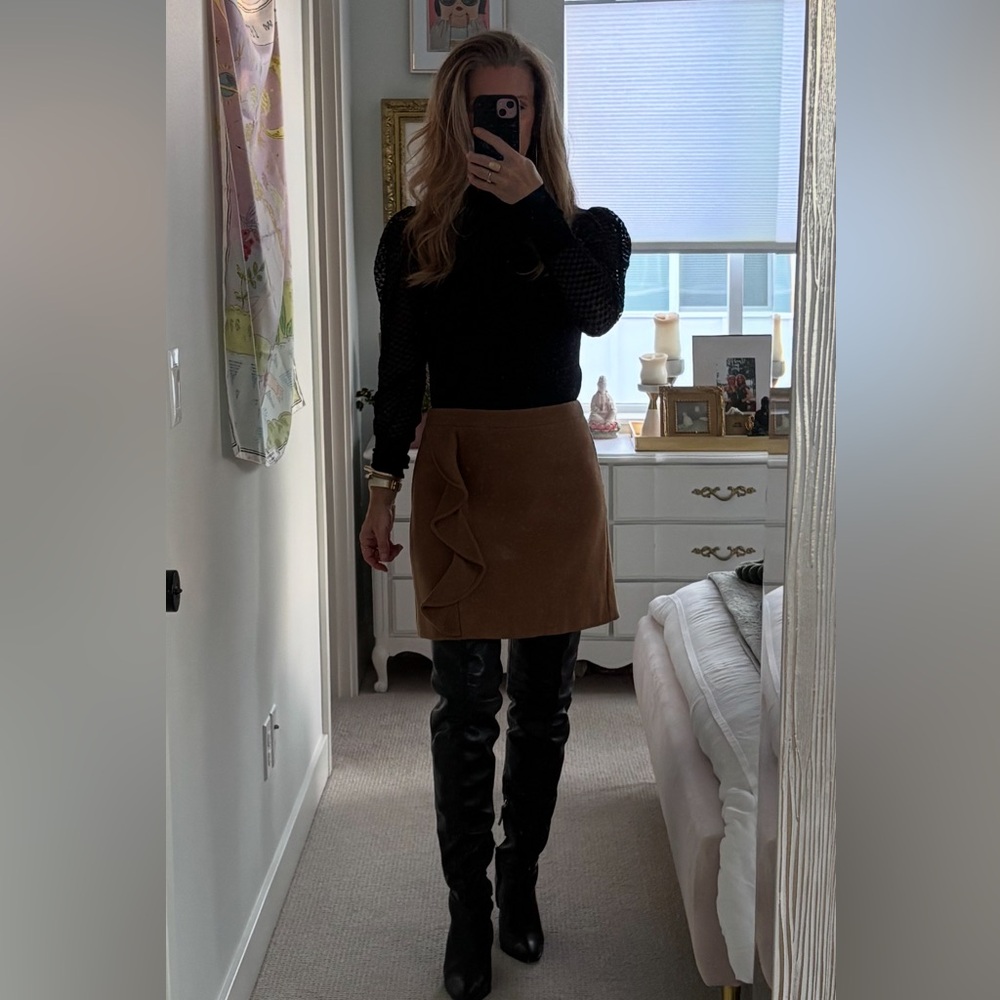 J. Crew Tan Wool Accentuated Ruffle Midi Skirt